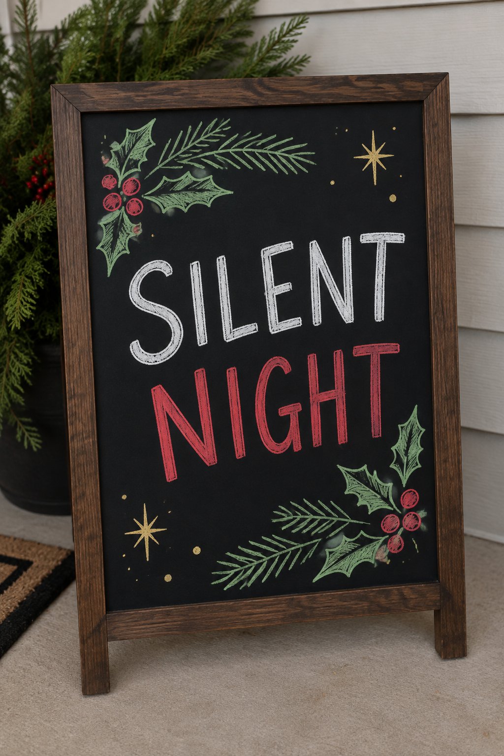 Silent Night Serenity: a hand-drawn christmas chalkboard sign drawn without words, holly and pine branches around the words, drawn with clean chalk outlines and soft color fill.