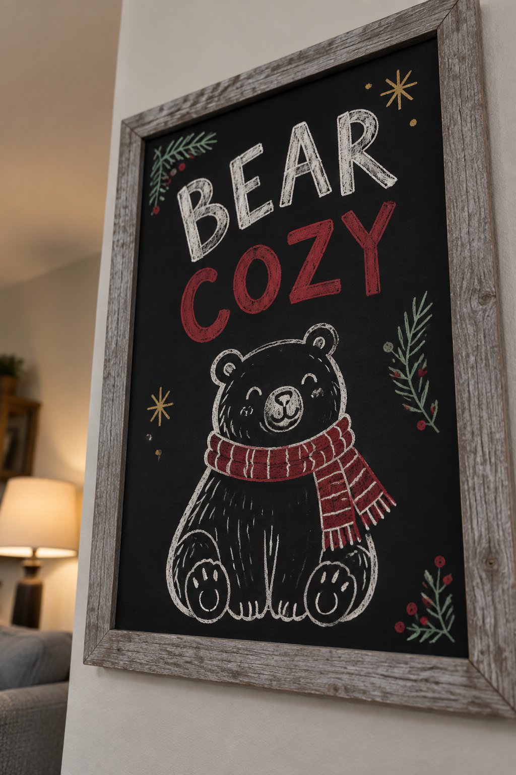 Bear Cozy: a hand-drawn christmas chalkboard sign drawn without words, a bear wearing a knit scarf, drawn with clean chalk outlines and soft color fill.