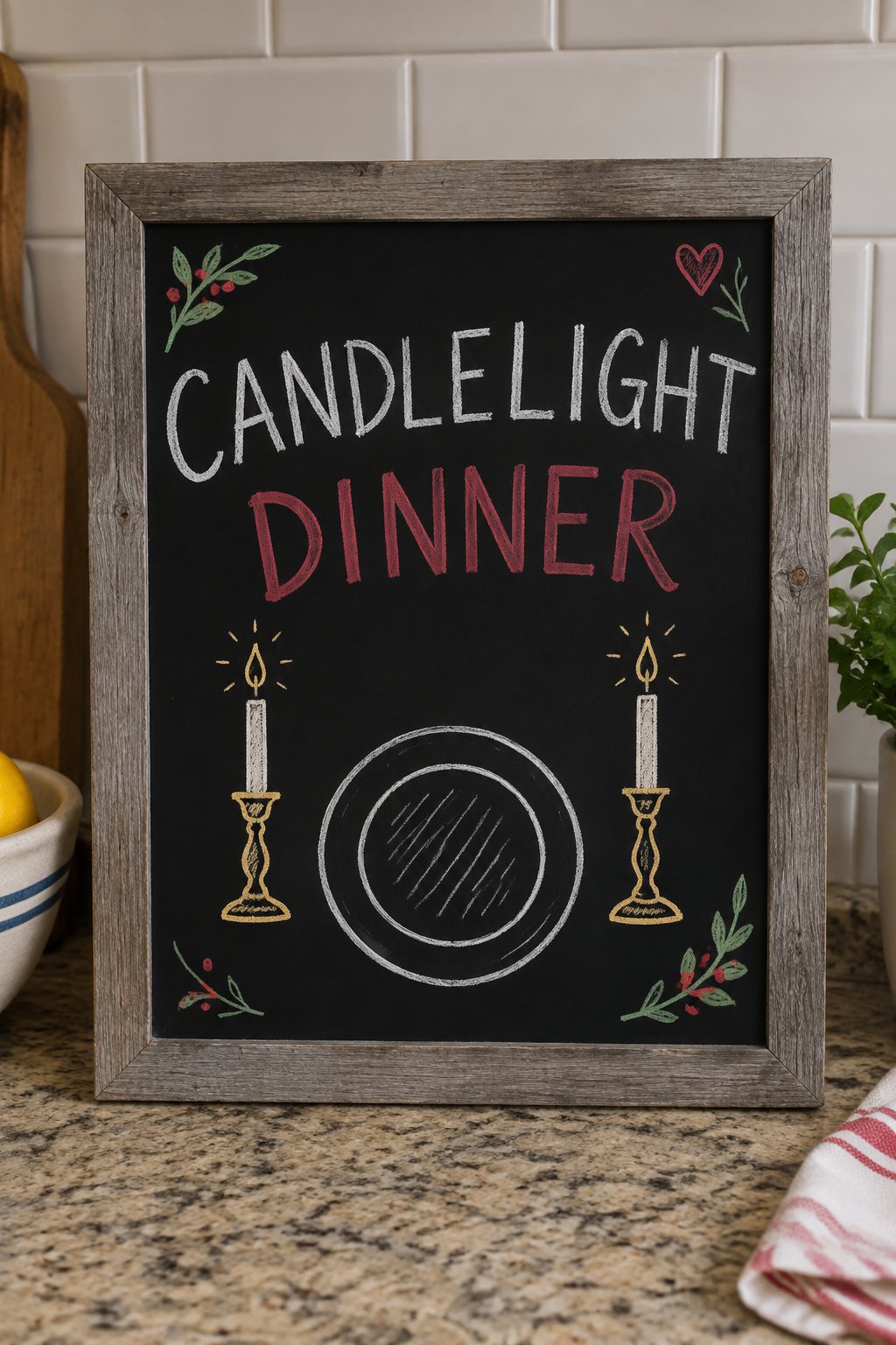 Candlelight Dinner: a hand-drawn christmas chalkboard sign reading "CANDLELIGHT DINNER".