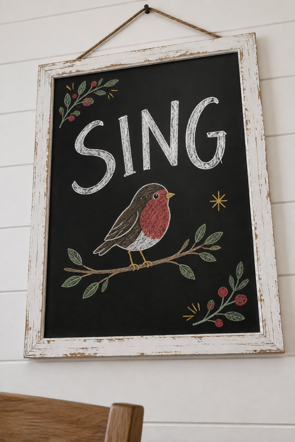 Sing Robin: a hand-drawn christmas chalkboard sign reading "SING".