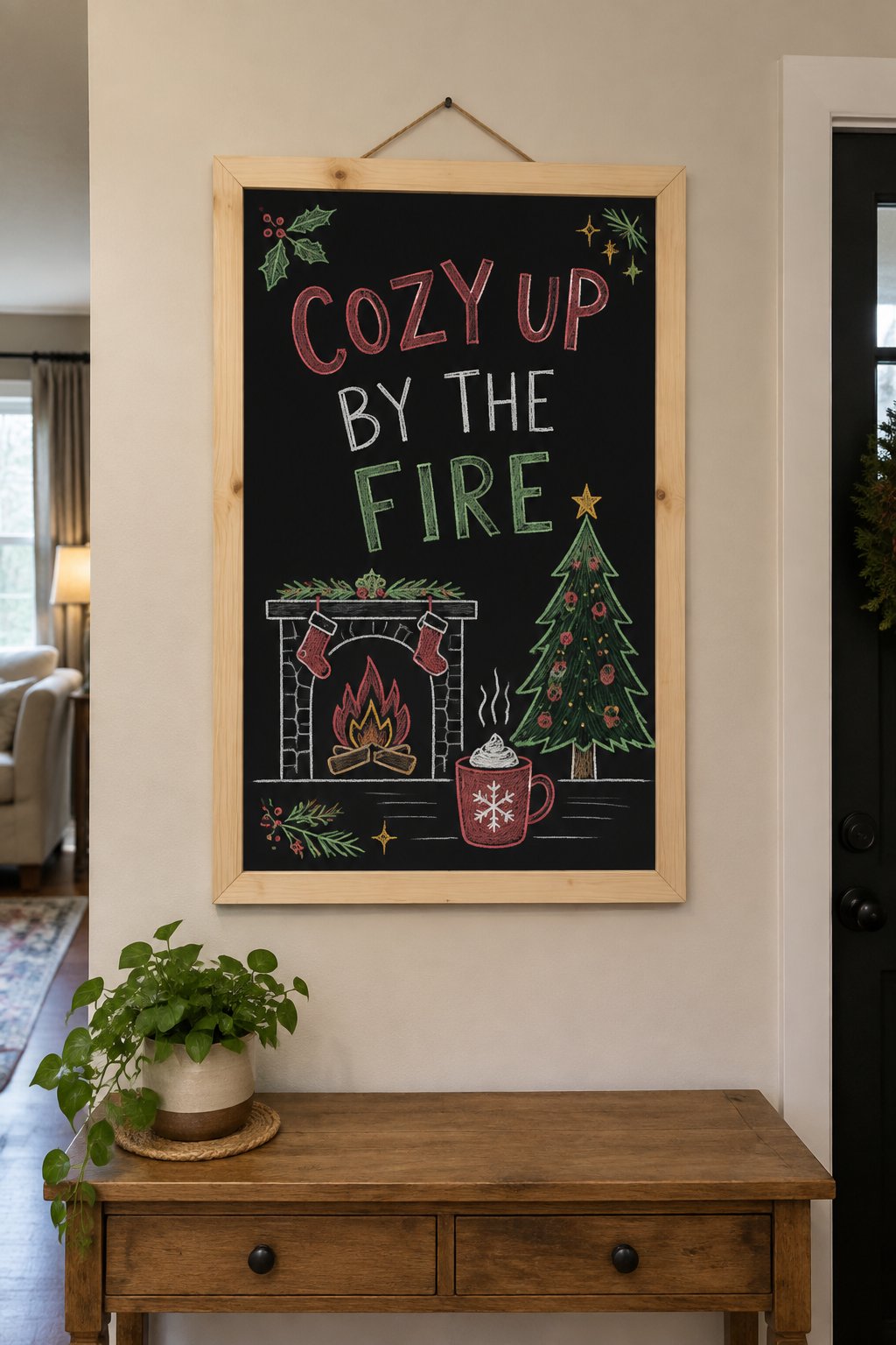 Cozy by Fire: a hand-drawn christmas chalkboard sign drawn without words, a fireplace, a mug of cocoa and a decorated tree, drawn with clean chalk outlines and soft color fill.
