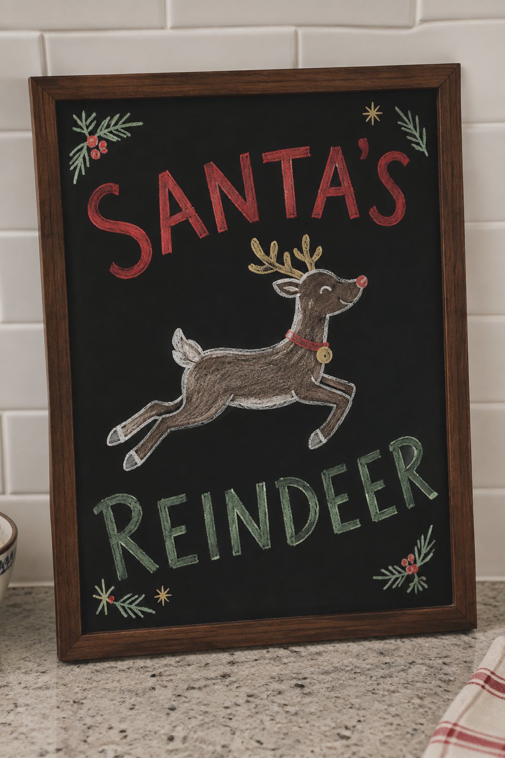 Santa’s Reindeer: a hand-drawn christmas chalkboard sign drawn without words, a leaping reindeer, drawn with clean chalk outlines and soft color fill.