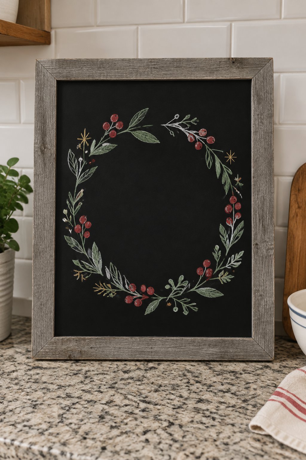 Christmas Wreath: a hand-drawn christmas chalkboard sign drawn without words, a round wreath of leaves and berries.
