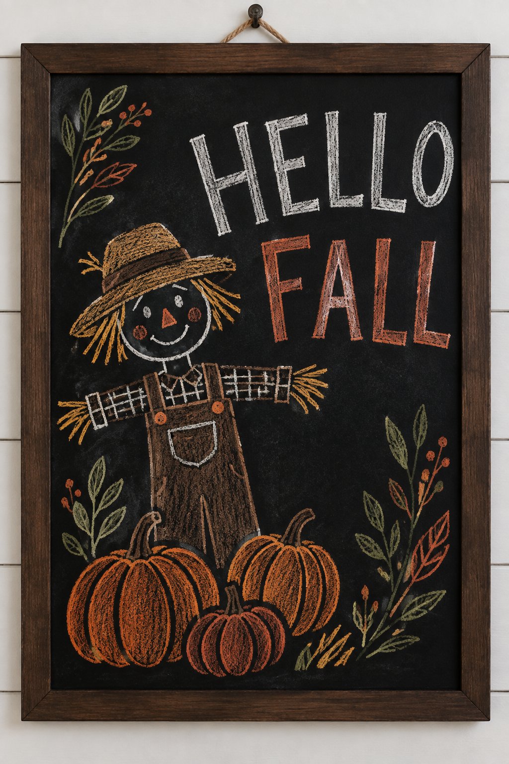 Rustic Fall Greeting: Drawn in rich autumn hues, this balances whimsy and tradition with a smiling scarecrow surrounded by pumpkins and foliage. The hand-drawn textures bring warmth and charm that suits farmhouse-style fall interiors.