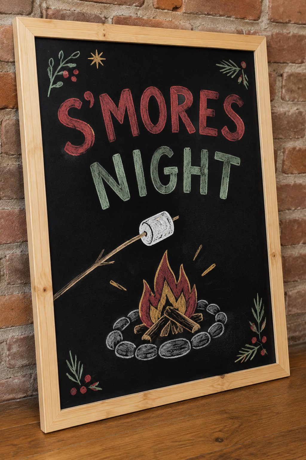 Fire Pit S'mores: a hand-drawn christmas chalkboard sign reading "S'MORES NIGHT".