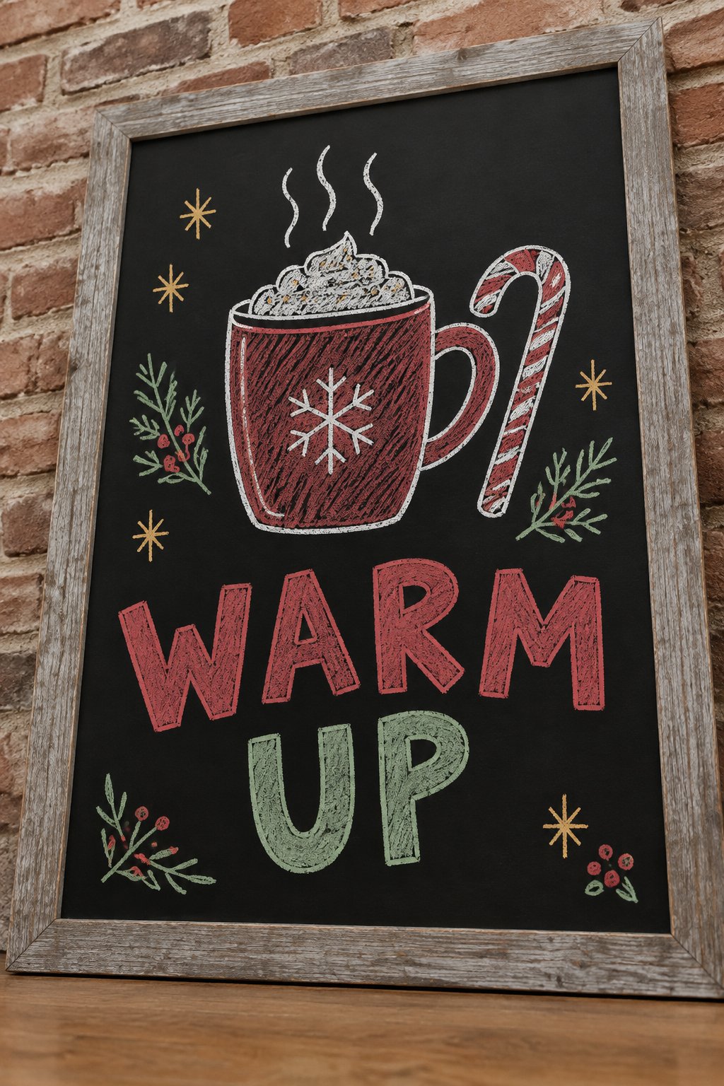 Steaming Mug: a hand-drawn christmas chalkboard sign reading "WARM UP".