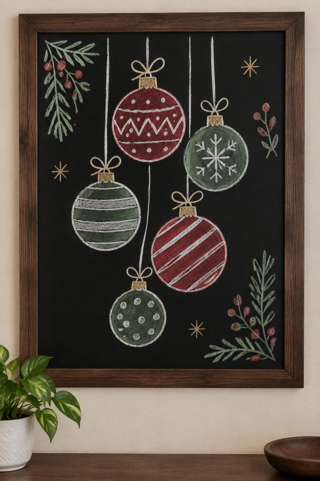 Ornaments Cluster: a hand-drawn christmas chalkboard sign drawn without words, a cluster of round patterned ornaments.