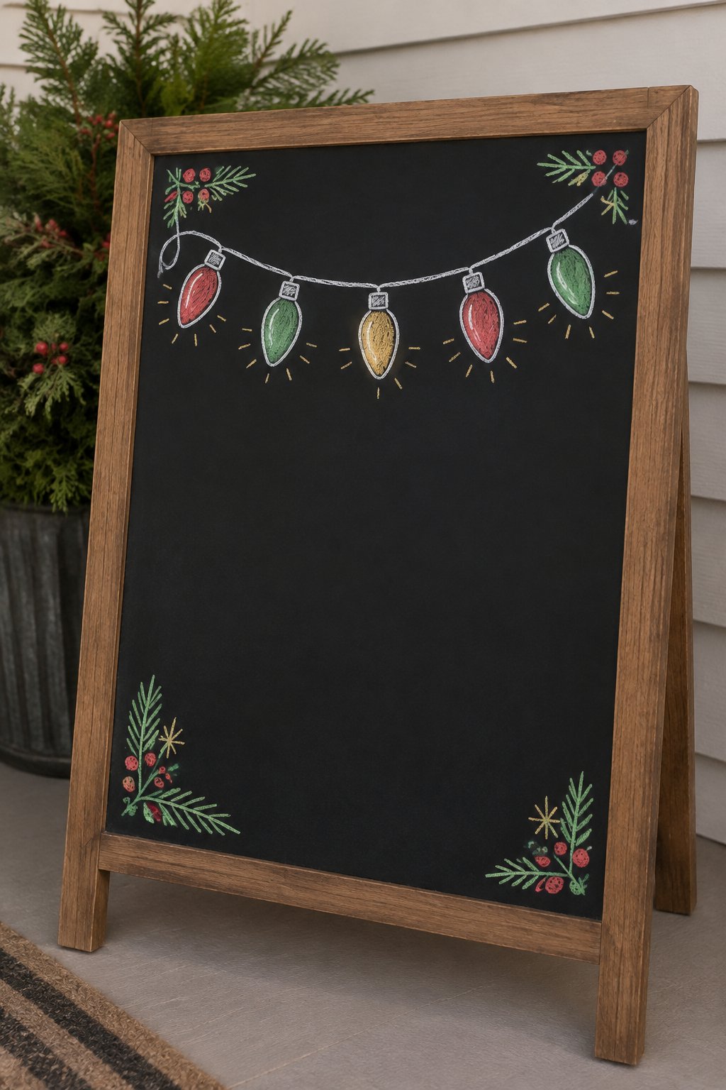 Festive Lights: a hand-drawn christmas chalkboard sign drawn without words, a string of colorful bulb lights, drawn with clean chalk outlines and soft color fill.