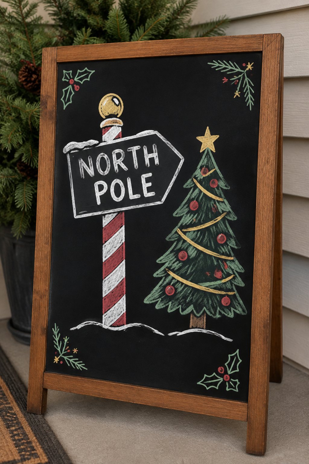 North Pole Magic: a hand-drawn christmas chalkboard sign drawn without words, a striped North Pole sign beside a decorated Christmas tree, drawn with clean chalk outlines and soft color fill.