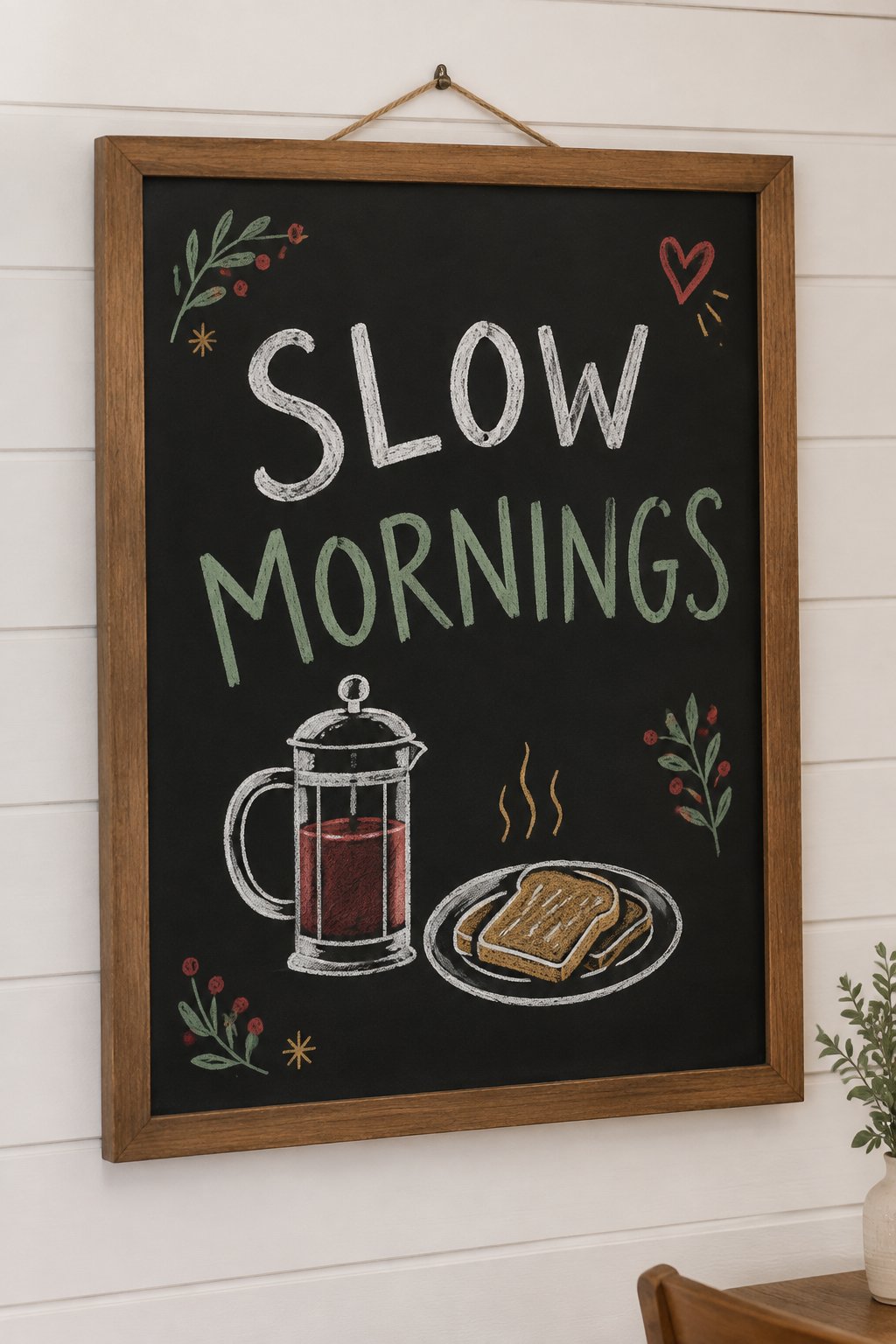 Slow Mornings: a hand-drawn christmas chalkboard sign reading "SLOW MORNINGS".