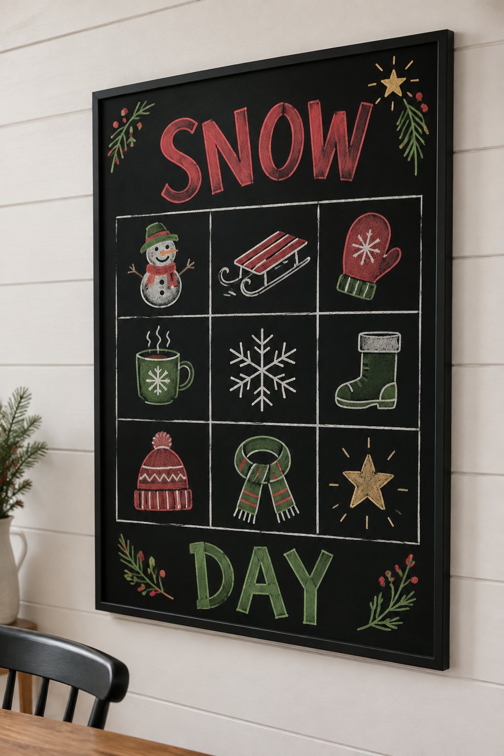 Snow Day Bingo: a hand-drawn christmas chalkboard sign reading "SNOW DAY".