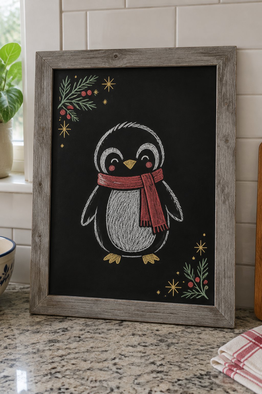 Penguin Pal: a hand-drawn christmas chalkboard sign drawn without words, a penguin wearing a red scarf, drawn with clean chalk outlines and soft color fill.