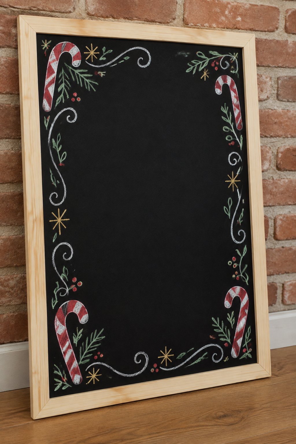 Candy Cane Border: a hand-drawn christmas chalkboard sign drawn without words, red and white candy canes framing the edges of the board with playful swirls.