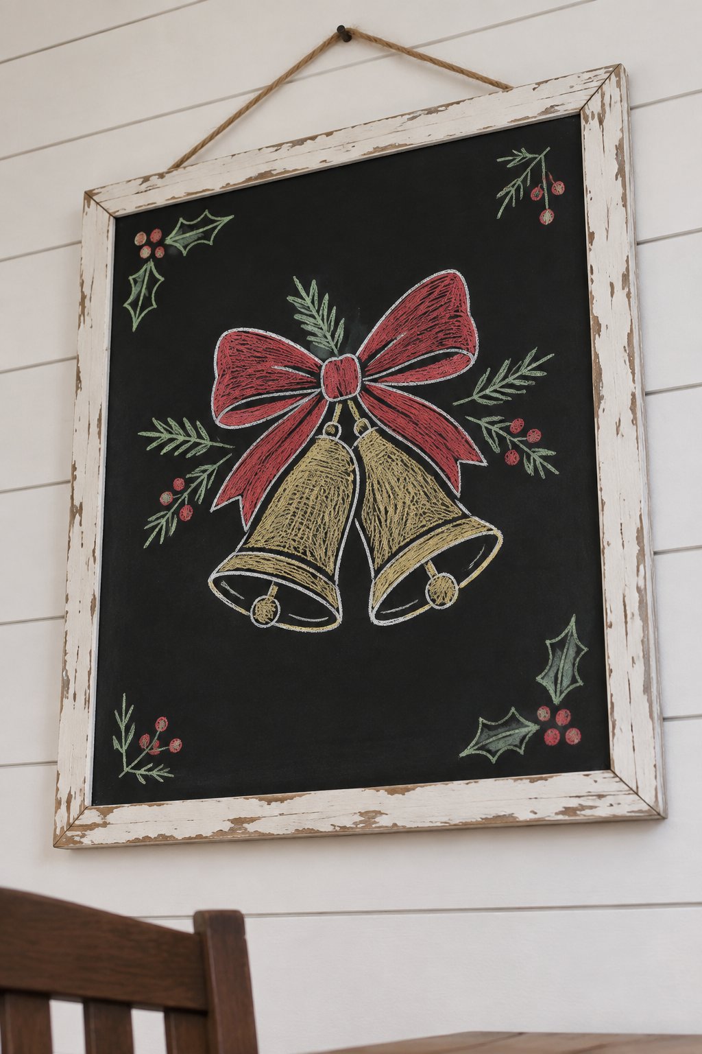 Christmas Bells: a hand-drawn christmas chalkboard sign drawn without words, two bells tied together with a big bow, drawn with clean chalk outlines and soft color fill.