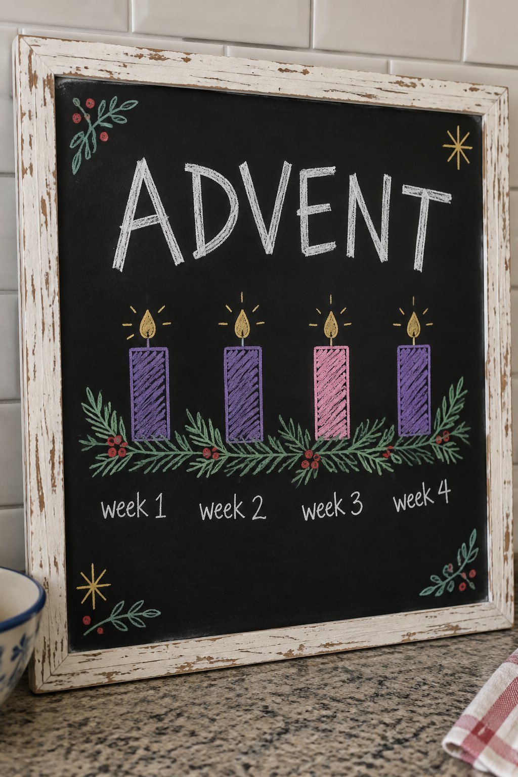 Advent Wreath Weeks: a hand-drawn christmas chalkboard sign reading "ADVENT".