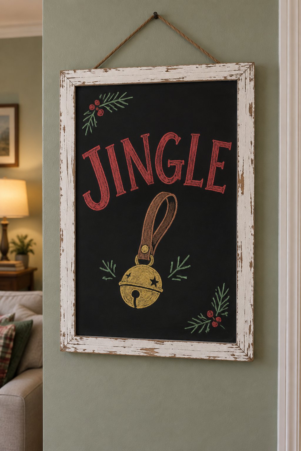 Sleigh Bell: a hand-drawn christmas chalkboard sign reading "JINGLE".