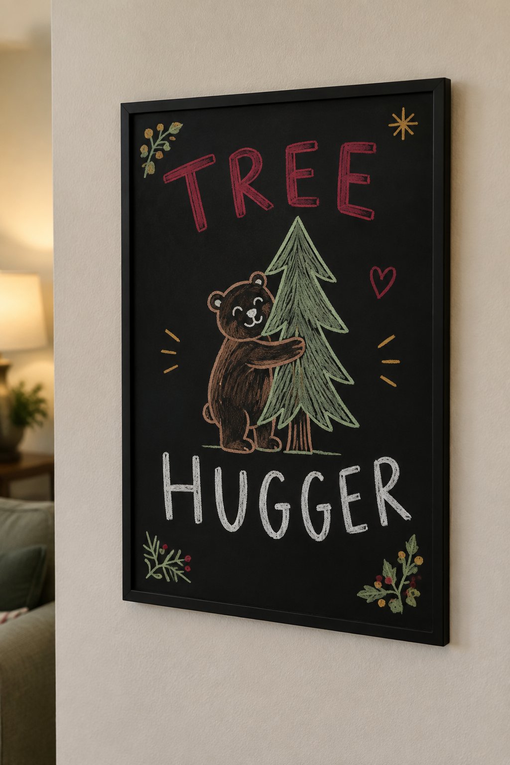 Tree Hugger: a hand-drawn christmas chalkboard sign reading "TREE HUGGER".