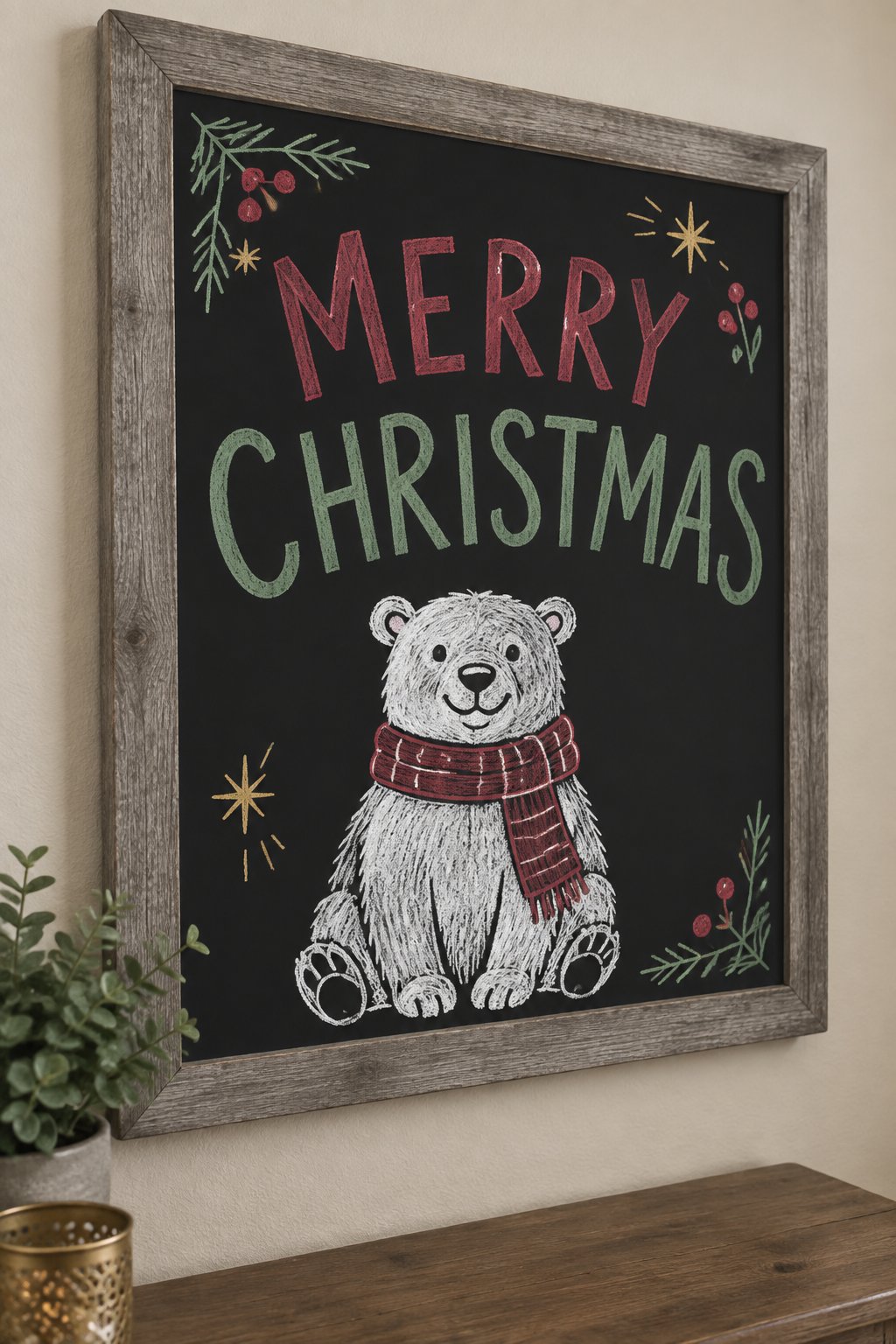 Cozy Bear: a hand-drawn christmas chalkboard sign drawn without words, a fluffy polar bear wearing a knit scarf.