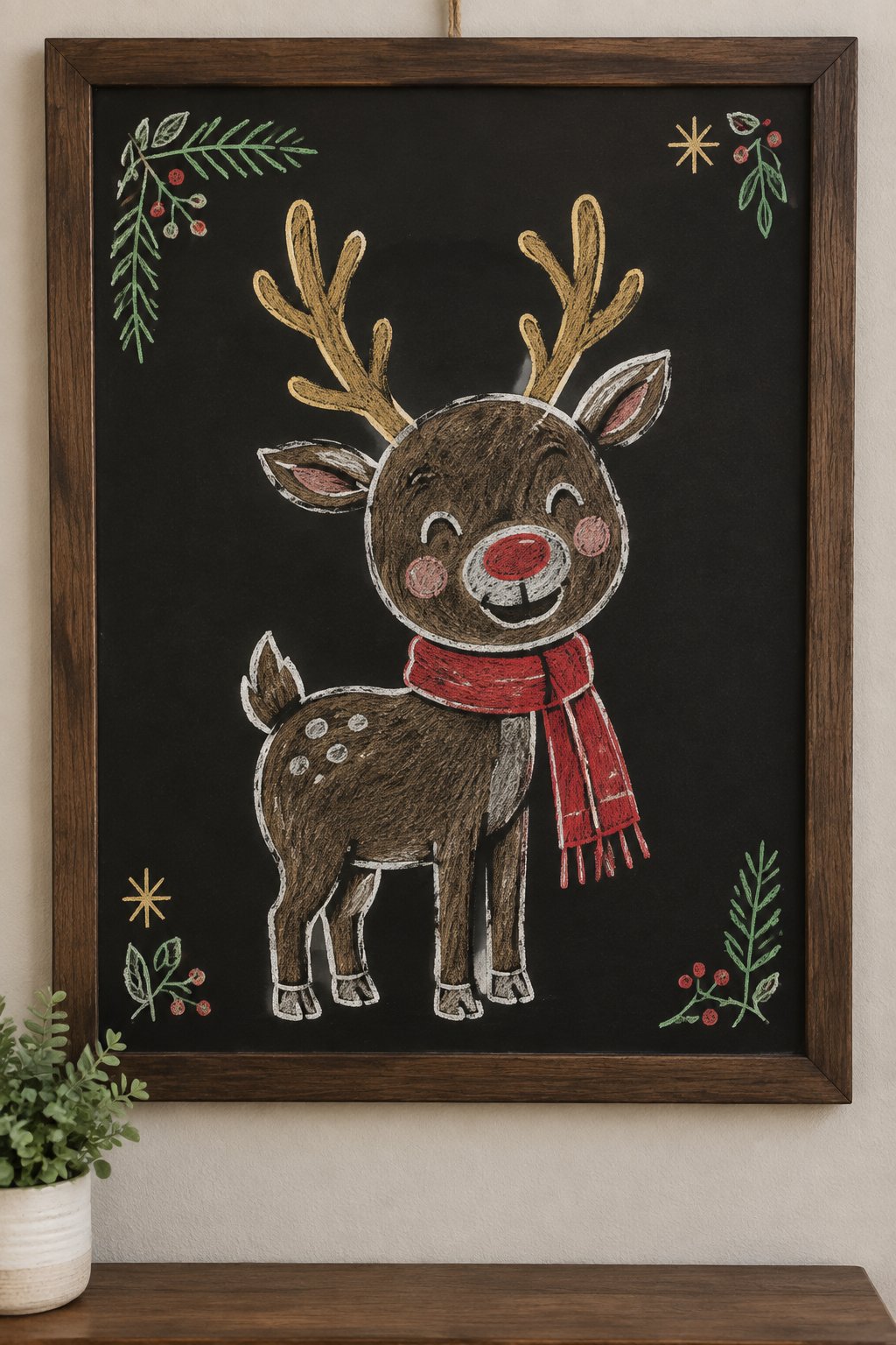 Reindeer Welcome: a hand-drawn christmas chalkboard sign drawn without words, a cheerful reindeer with rosy cheeks, golden antlers and a red scarf, drawn with clean chalk outlines and soft color fill.