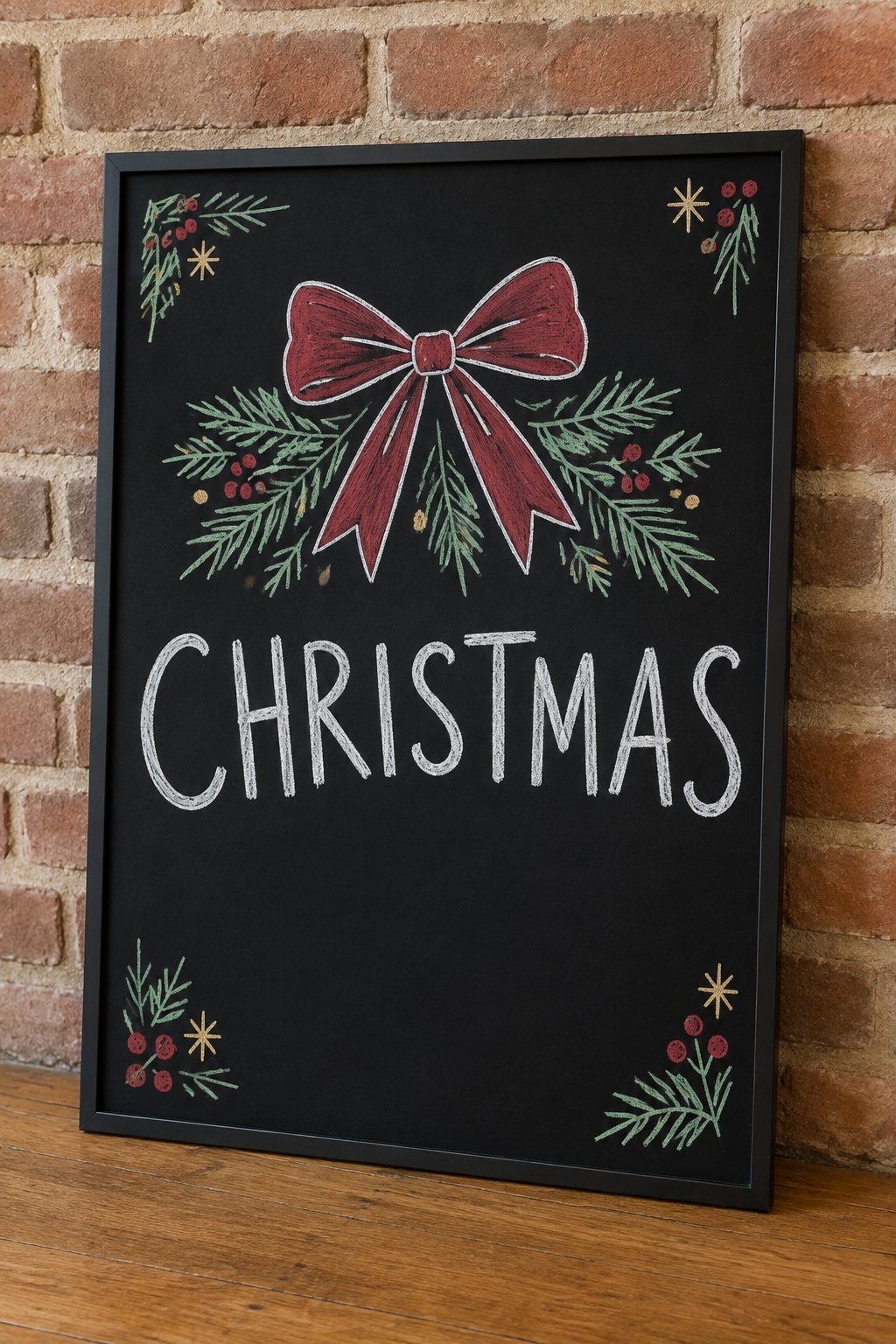 Festive Bow: a hand-drawn christmas chalkboard sign drawn without words, a big bow above pine branches, drawn with clean chalk outlines and soft color fill.