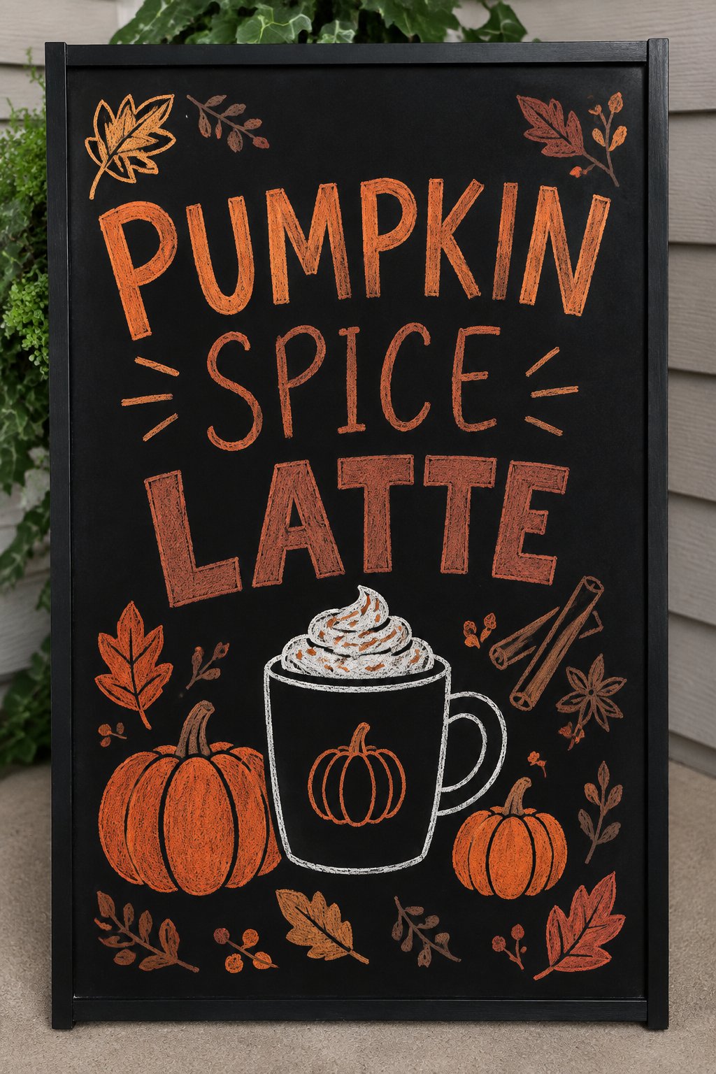 Harvest Flavor Board: Illustrated with warm-toned leaves, spices, and chunky pumpkins, this fall chalkboard art idea celebrates the cozy vibes of a favorite seasonal drink.