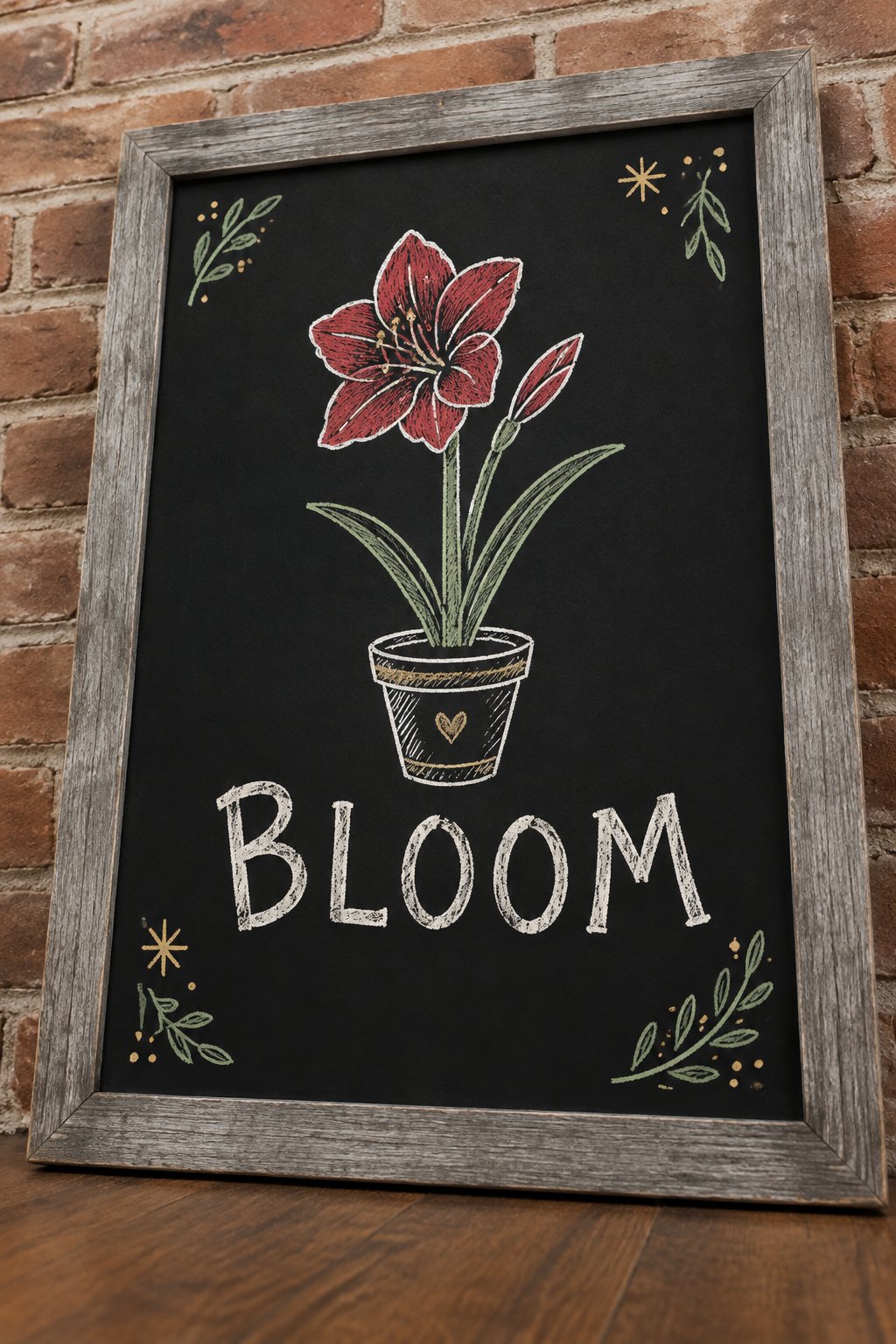 Amaryllis Bloom: a hand-drawn christmas chalkboard sign reading "BLOOM".