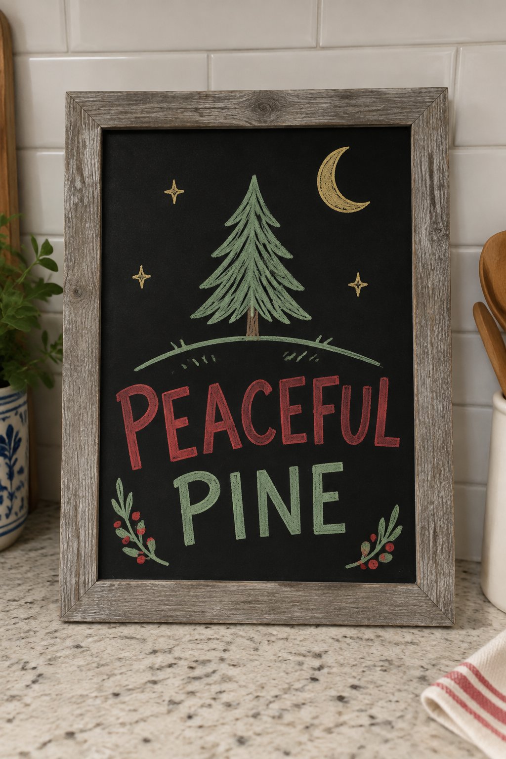 Peaceful Pine: a hand-drawn christmas chalkboard sign reading "PEACEFUL PINE".