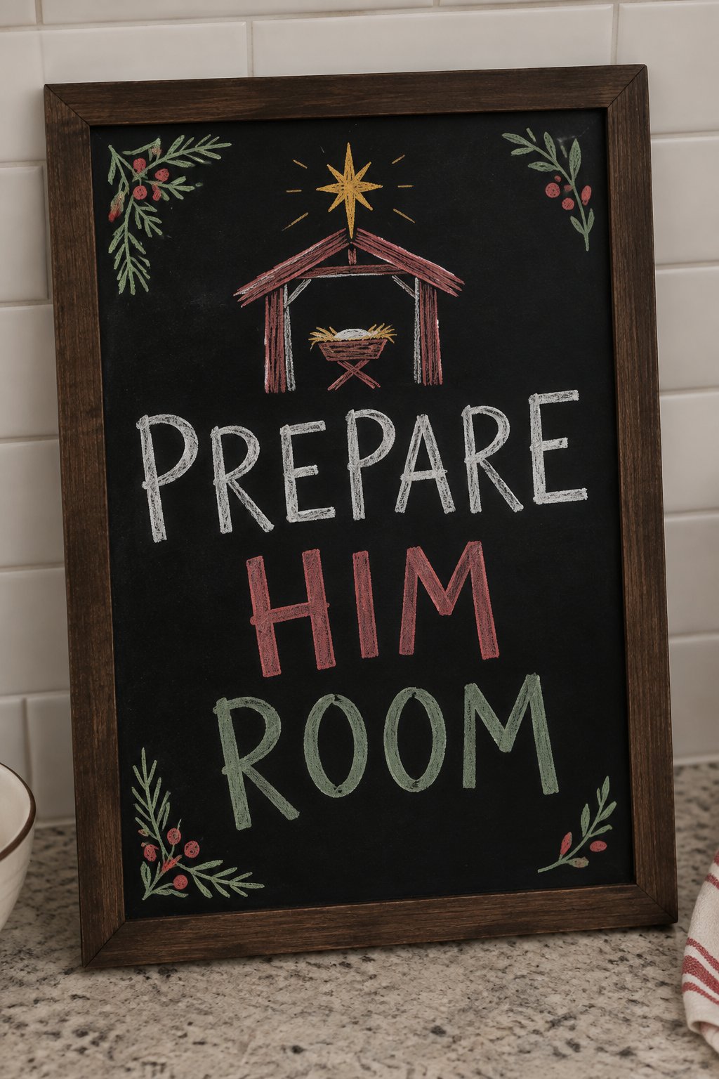 Prepare Him Room: a hand-drawn christmas chalkboard sign reading "PREPARE HIM ROOM".
