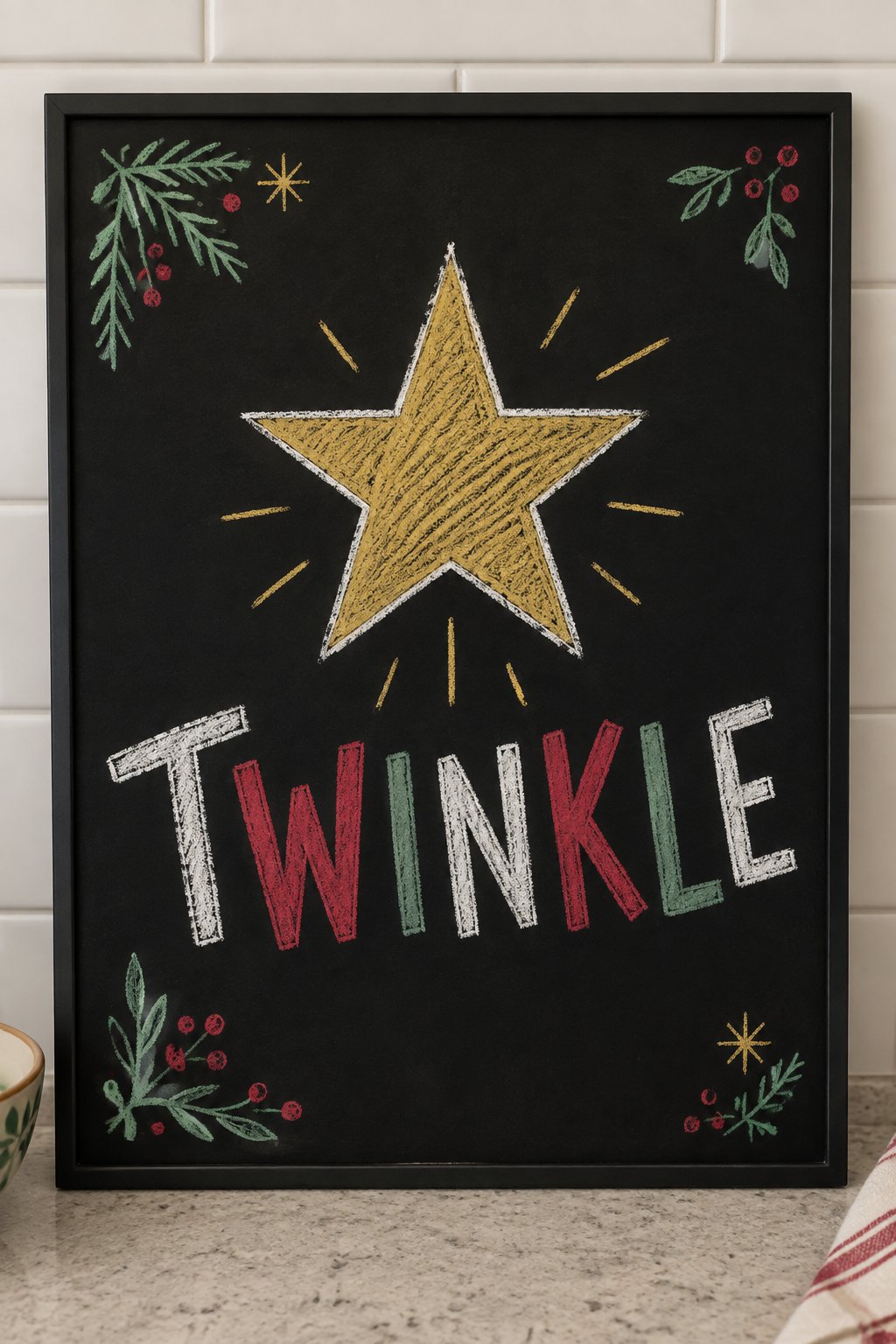 Twinkle Star: a hand-drawn christmas chalkboard sign reading "TWINKLE".