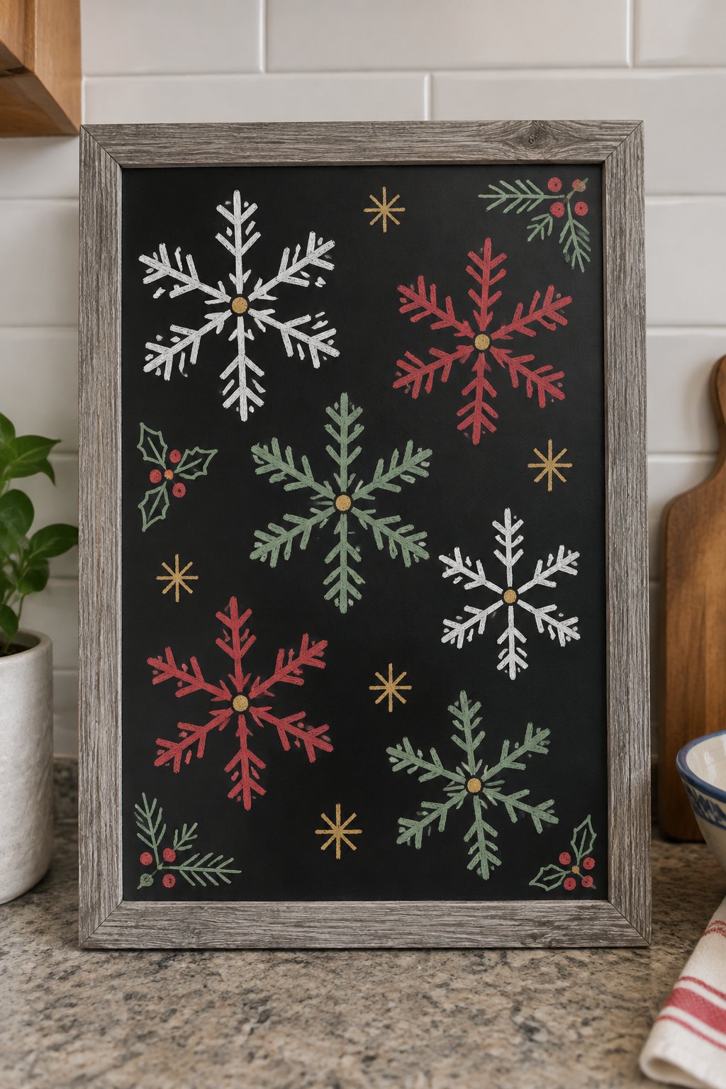 Snowflake Magic: a hand-drawn christmas chalkboard sign drawn without words, several large snowflakes filling the board, drawn with clean chalk outlines and soft color fill.