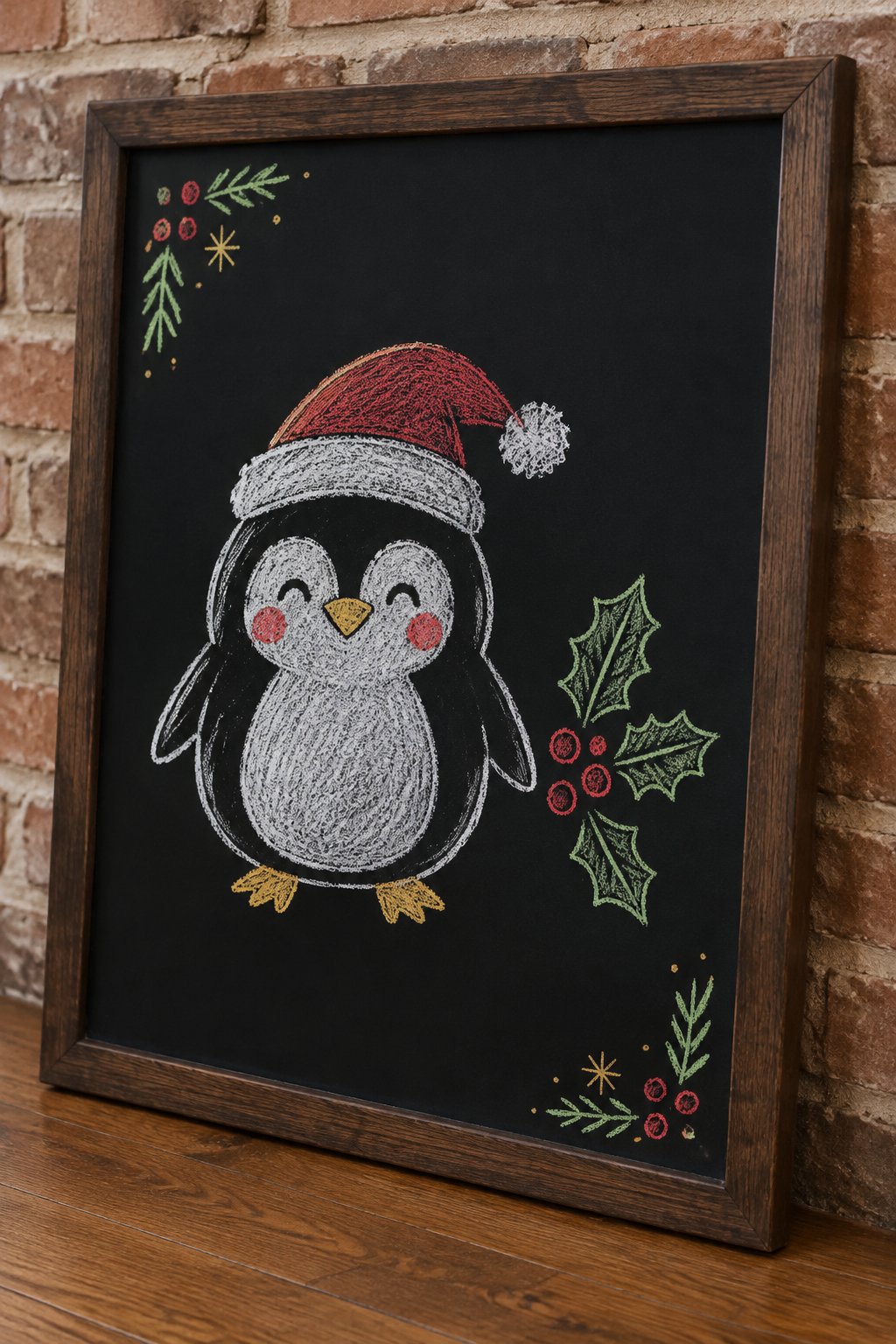 Festive Penguin: a hand-drawn christmas chalkboard sign drawn without words, a round penguin wearing a Santa hat beside a sprig of holly.
