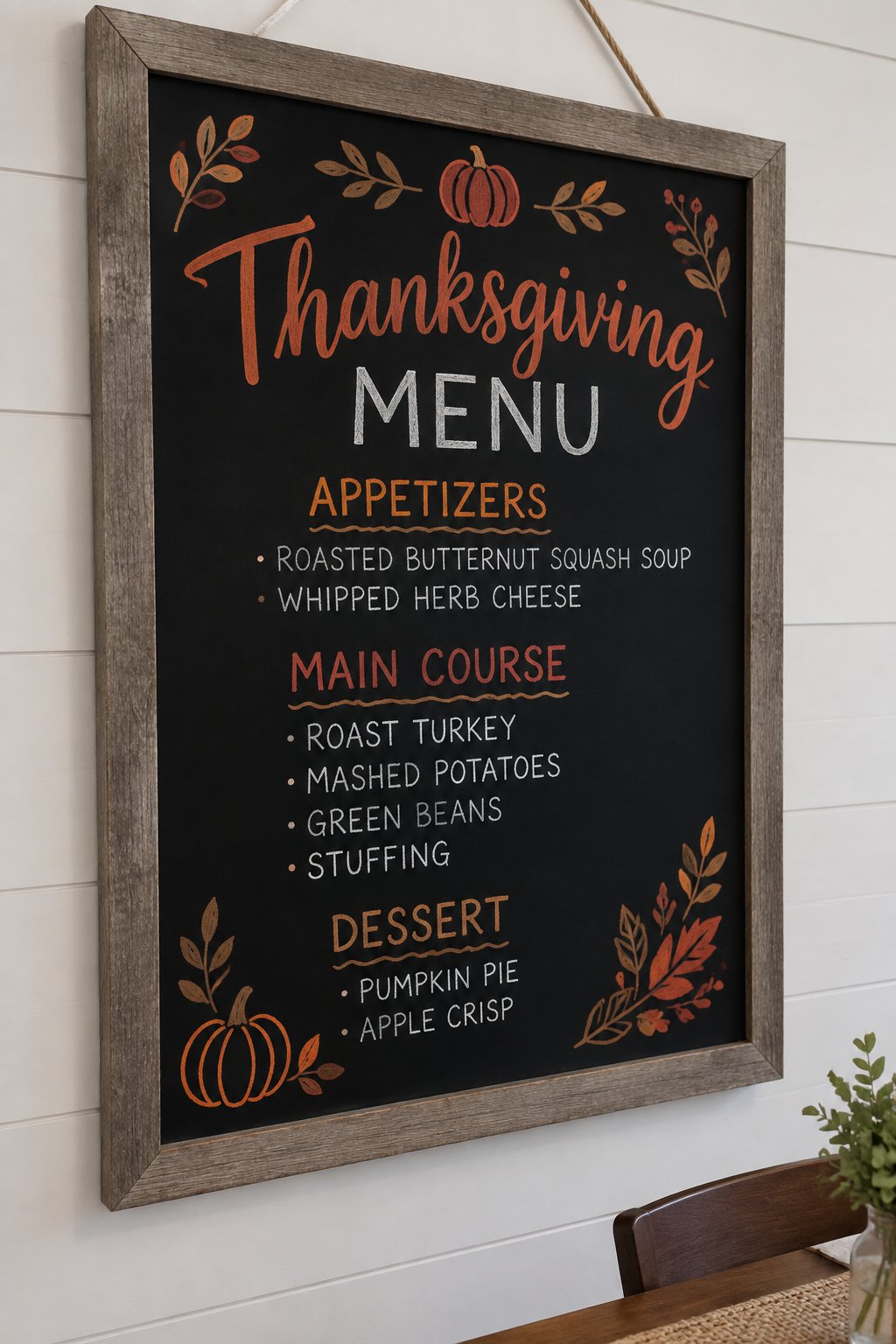 Chalkboard Hosting Essential: Simple yet elegant, this uses leafy sprigs and classic autumn imagery to highlight a DIY Thanksgiving menu layout.