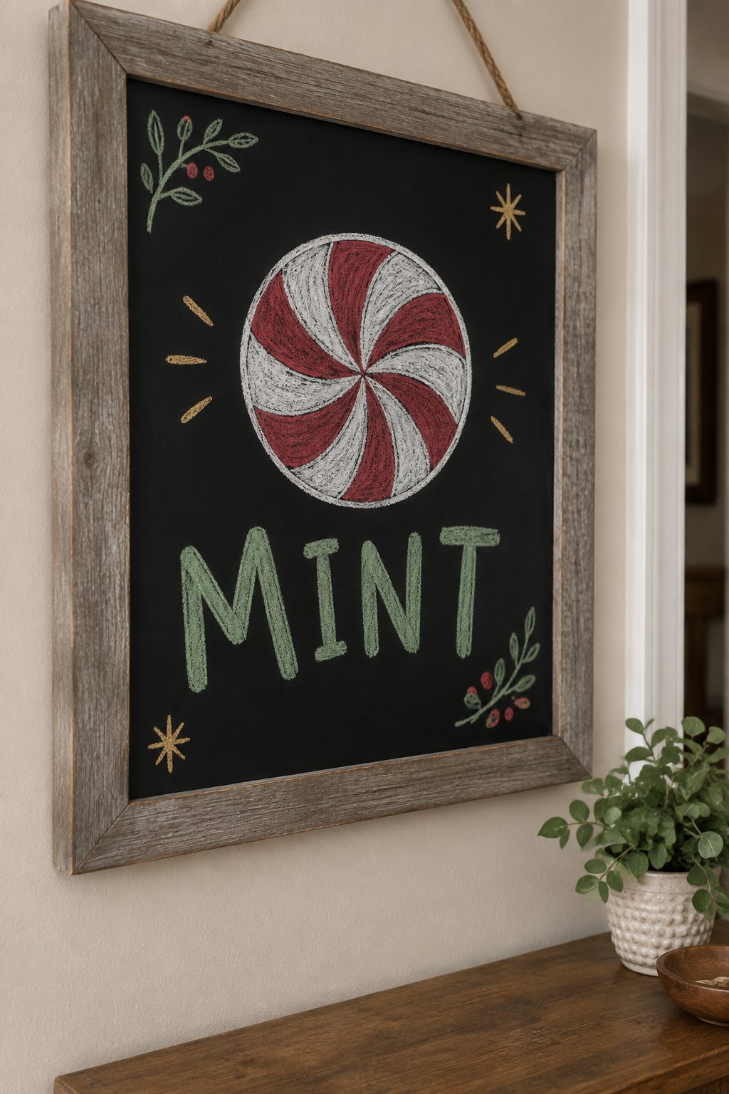Peppermint Candy: a hand-drawn christmas chalkboard sign reading "MINT".