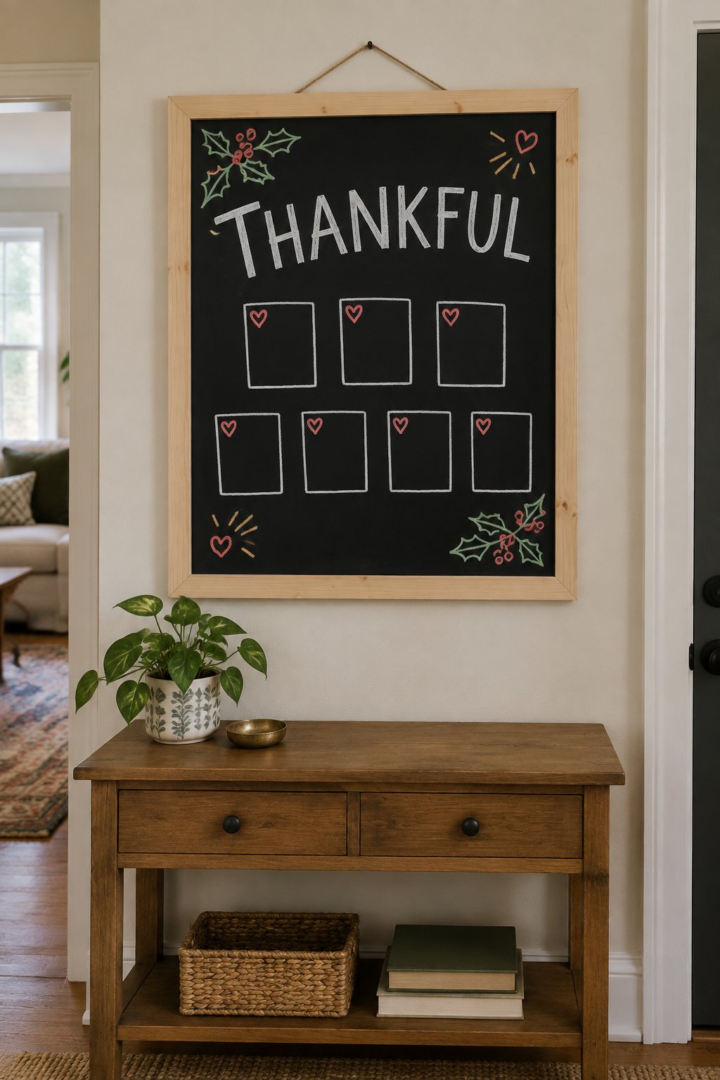 Thankful Every Day: a hand-drawn christmas chalkboard sign reading "THANKFUL".