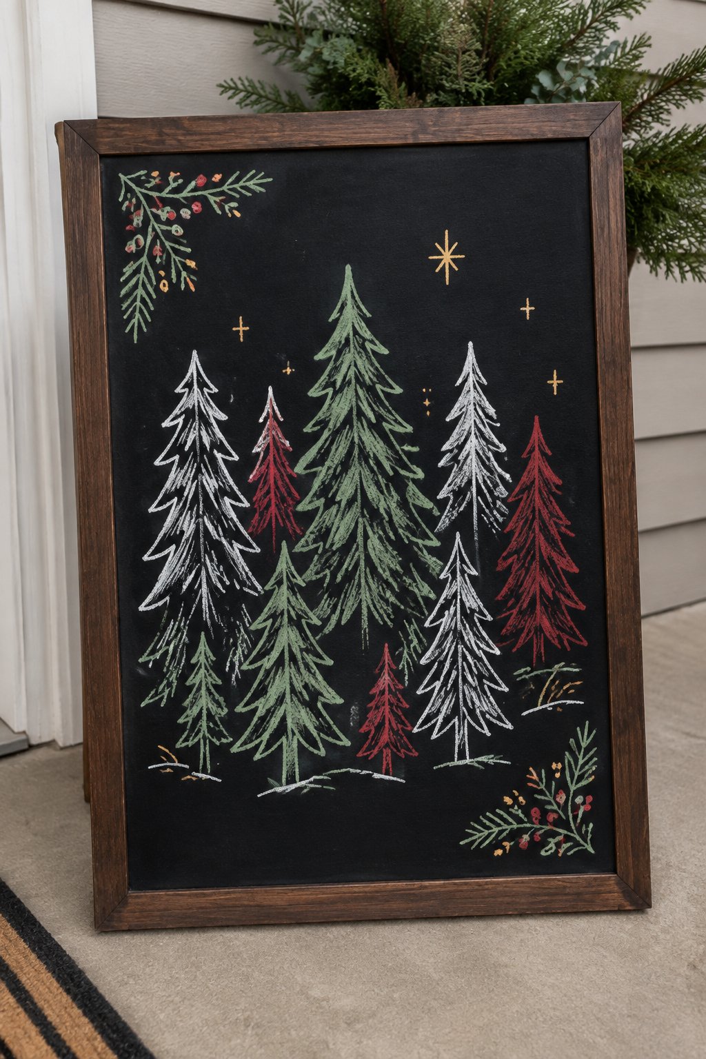 Forest Collection: a hand-drawn christmas chalkboard sign drawn without words, a forest of different evergreen trees, drawn with clean chalk outlines and soft color fill.
