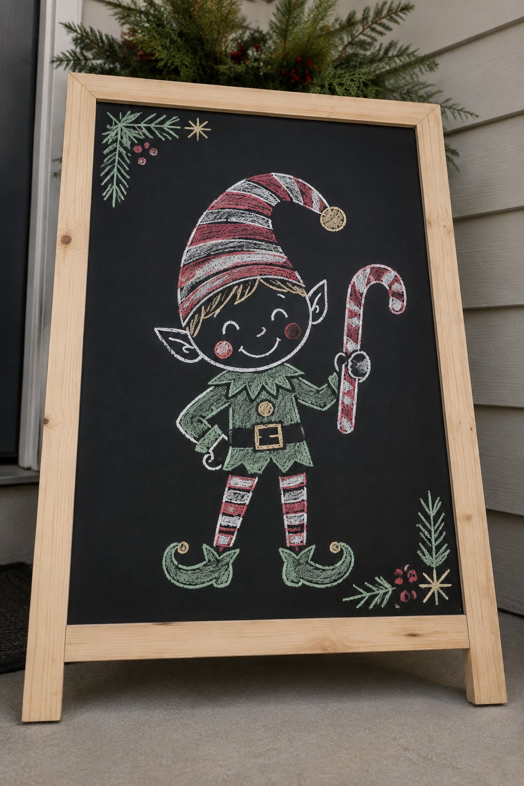 Jolly Elf: a hand-drawn christmas chalkboard sign drawn without words, a cheerful elf in a red striped hat holding a candy cane.