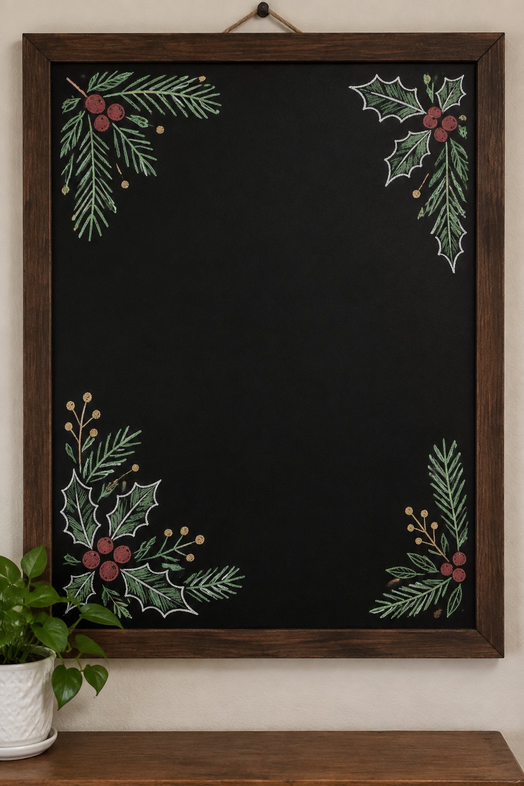 Holiday Greens: a hand-drawn christmas chalkboard sign drawn without words, sprigs of pine, holly and evergreen branches, drawn with clean chalk outlines and soft color fill.