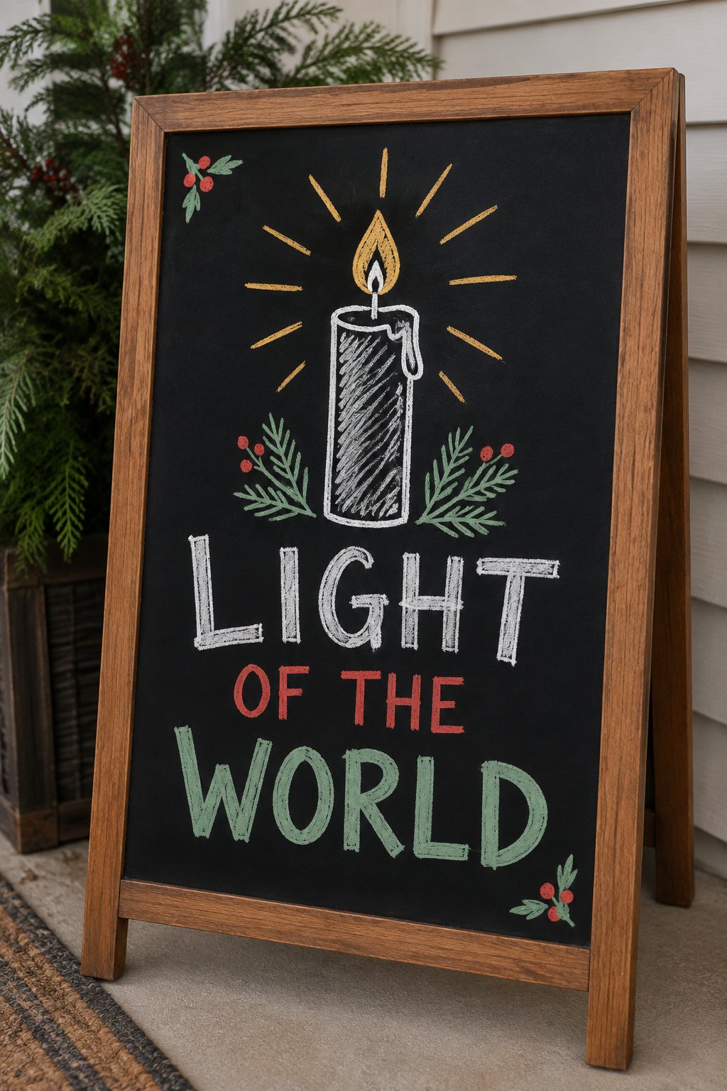 Light of the World: a hand-drawn christmas chalkboard sign reading "LIGHT OF THE WORLD".