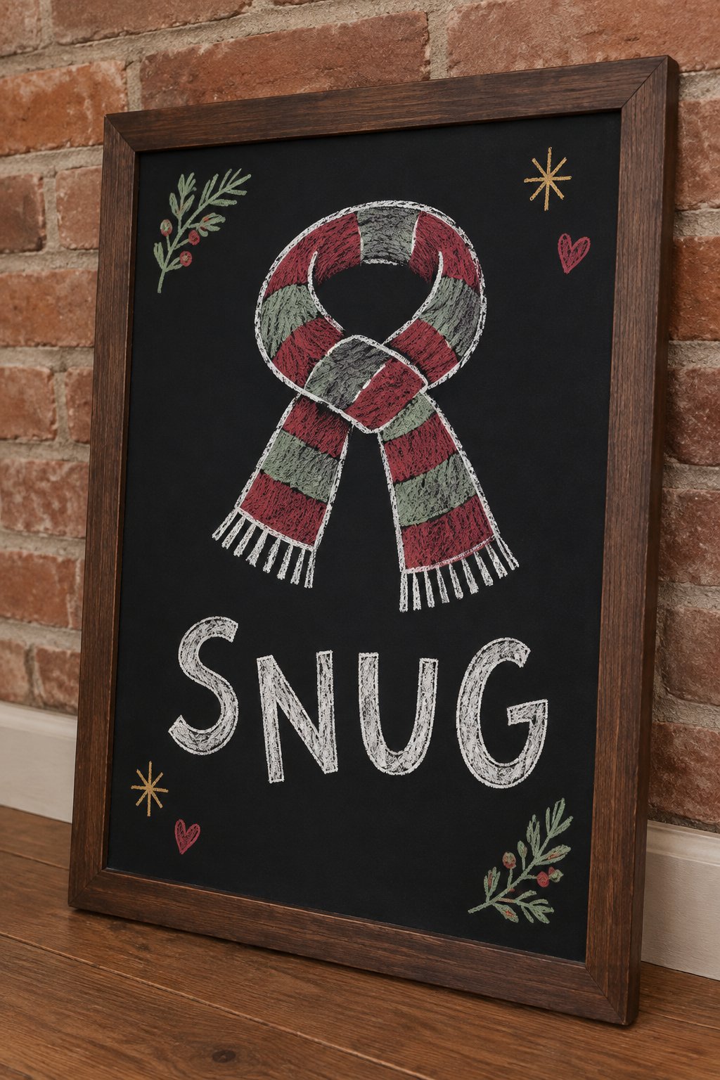Snug Scarf: a hand-drawn christmas chalkboard sign reading "SNUG".
