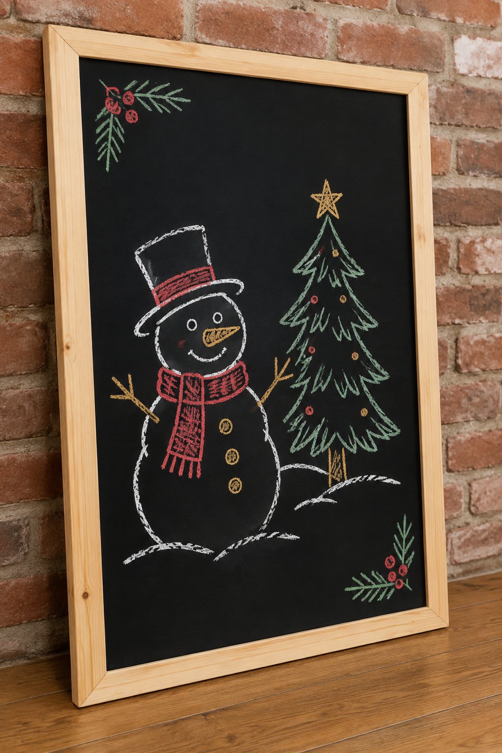 Frosty Friend: a hand-drawn christmas chalkboard sign drawn without words, a snowman in a top hat and scarf beside a pine tree, drawn with clean chalk outlines and soft color fill.