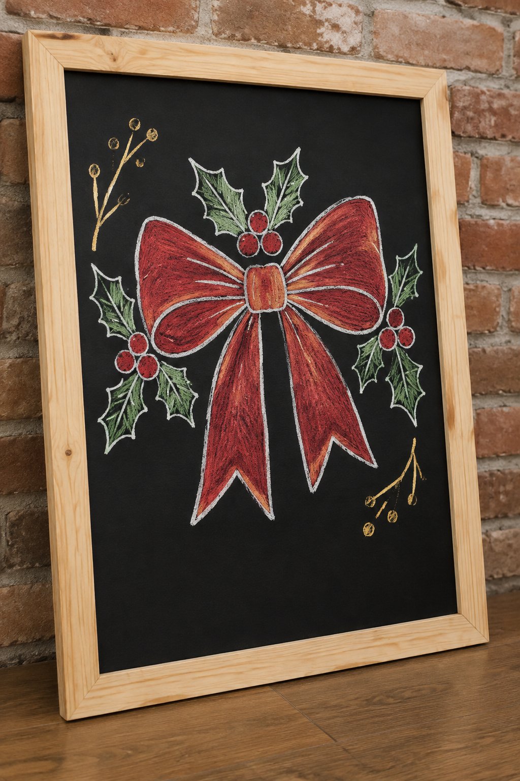 Festive Bow: a hand-drawn christmas chalkboard sign drawn without words, a big bow decorated with holly and red berries, drawn with clean chalk outlines and soft color fill.