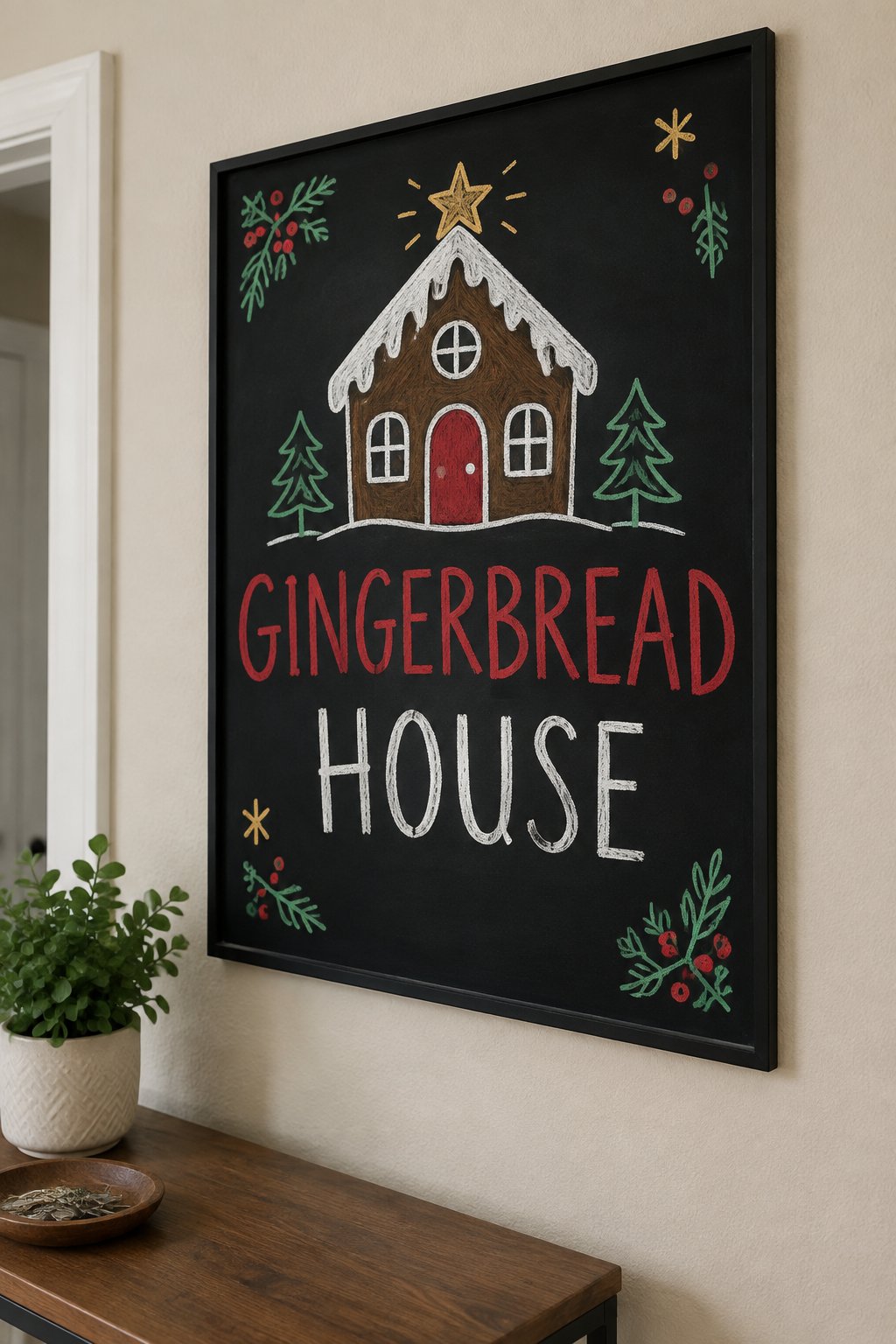 Gingerbread House: a hand-drawn christmas chalkboard sign drawn without words, a gingerbread house with frosted roof trim and a star on top.