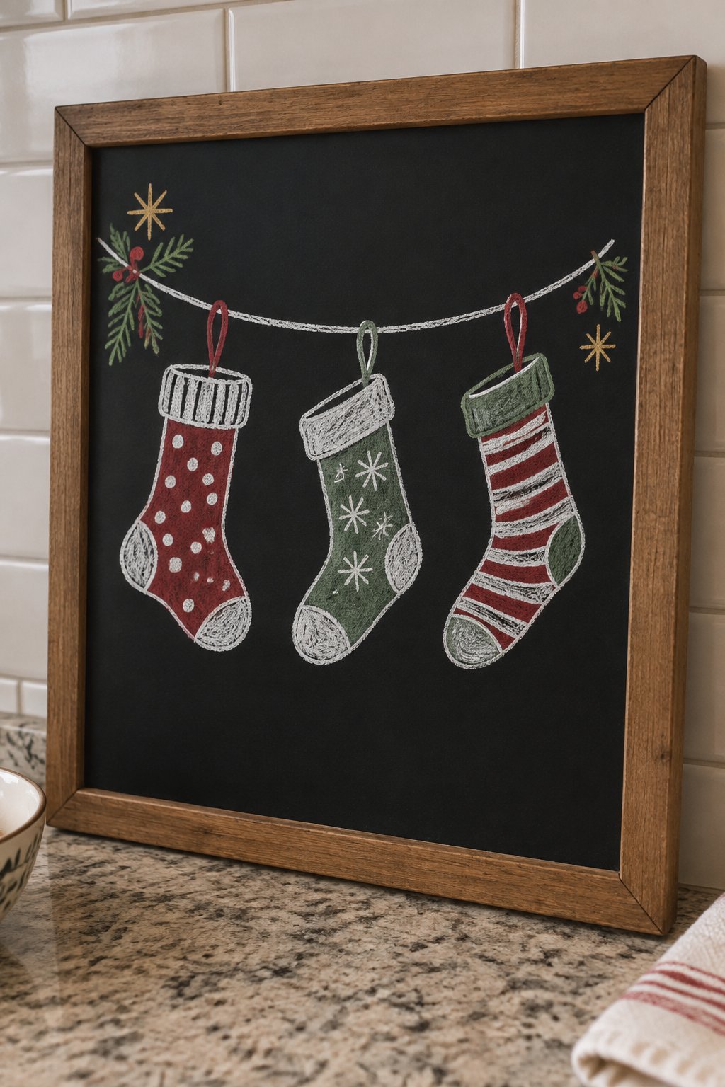 Stocking Trio: a hand-drawn christmas chalkboard sign drawn without words, three stockings hanging from a string, each with a different pattern, drawn with clean chalk outlines and soft color fill.