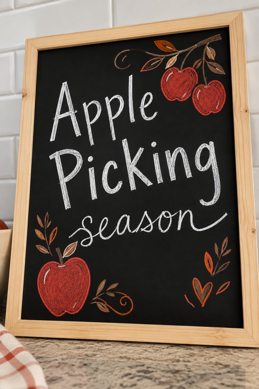 Crisp Apple Greeting: This fall chalkboard art idea celebrates apple-picking season with rosy red fruit, curling stems, and breezy white lettering. The cheerful design brings a crisp orchard mood to an entryway, kitchen, or harvest gathering!