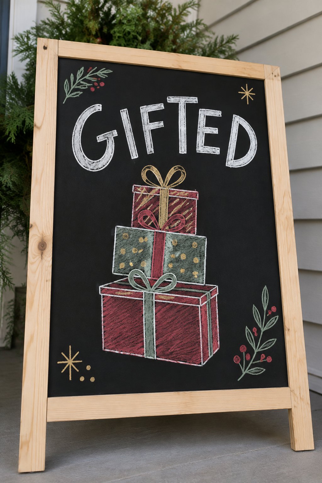 Gift Stack: a hand-drawn christmas chalkboard sign reading "GIFTED".
