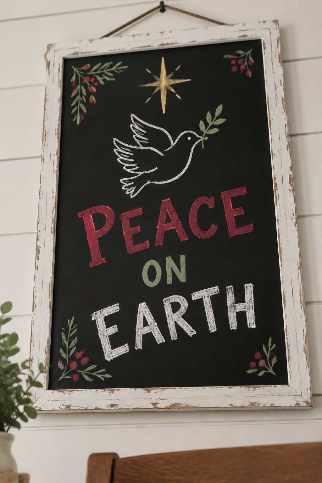Peace on Earth: a hand-drawn christmas chalkboard sign reading "PEACE ON EARTH".