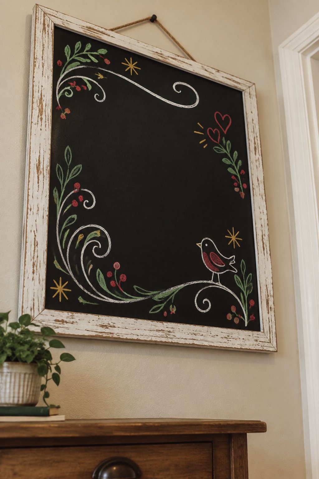 Elegant Swirls: a hand-drawn christmas chalkboard sign drawn without words, graceful flowing swirls, drawn with clean chalk outlines and soft color fill.