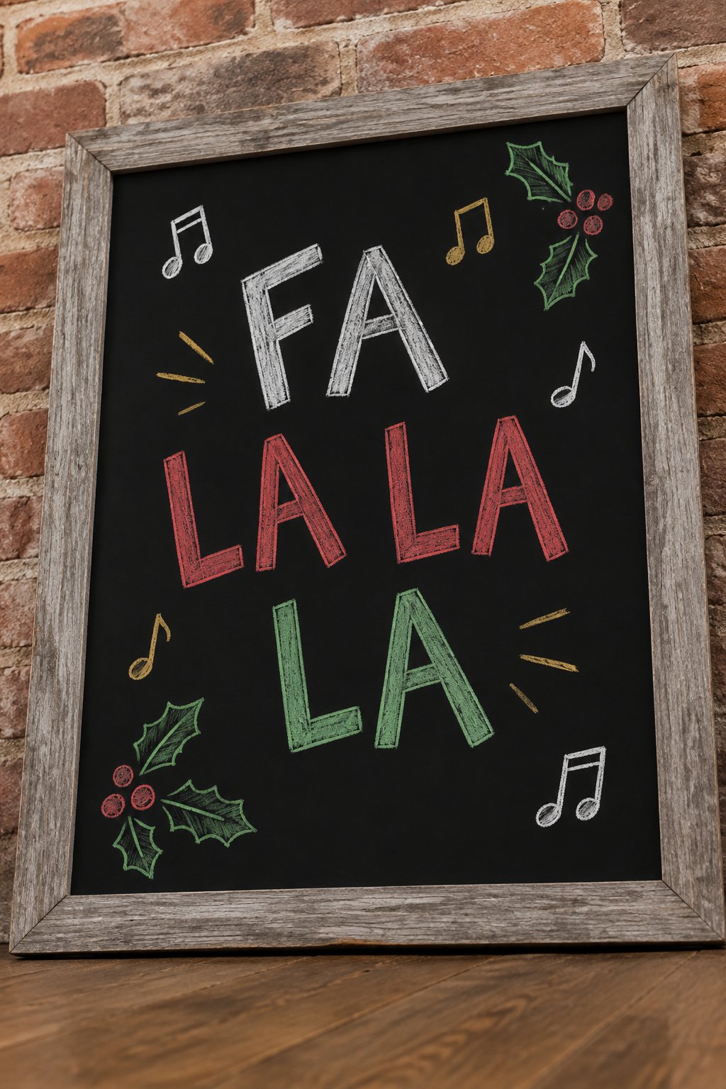 Fa La La: a hand-drawn christmas chalkboard sign drawn without words, musical notes and a sprig of holly.