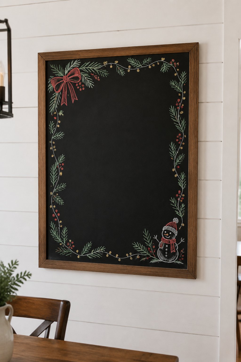 Twinkling Garland: a hand-drawn christmas chalkboard sign drawn without words, a garland of pine and tiny lights framing the board, drawn with clean chalk outlines and soft color fill.