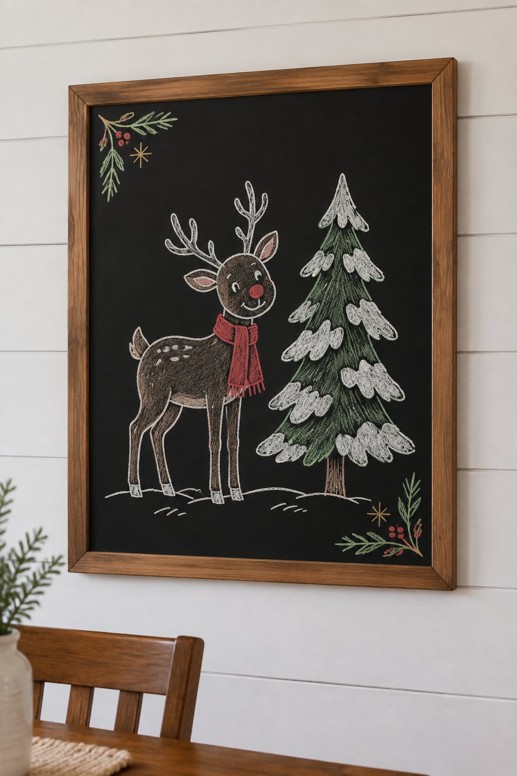 Majestic Reindeer: a hand-drawn christmas chalkboard sign drawn without words, a reindeer standing beside a snow-covered tree, drawn with clean chalk outlines and soft color fill.
